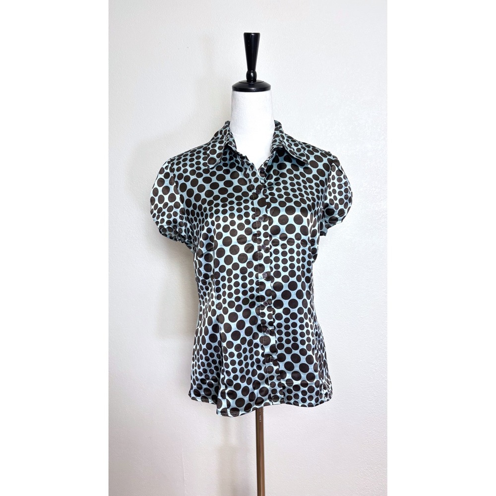 Y2K Blue & Brown Polka Dot Satin Button Up Shirt Size Medium Office Siren Chic